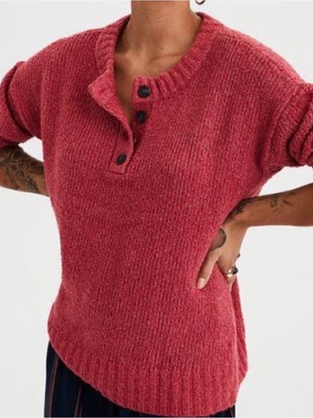 American Eagle Outfitters Cozy Red Button-Neck Knit Top